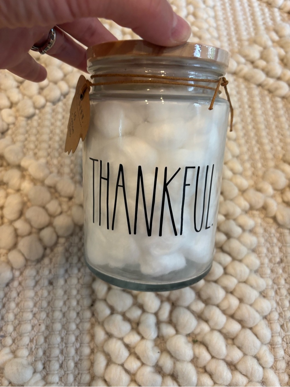 NWT Rae Dunn Thankful Fall glass jar container with 60 cotton balls